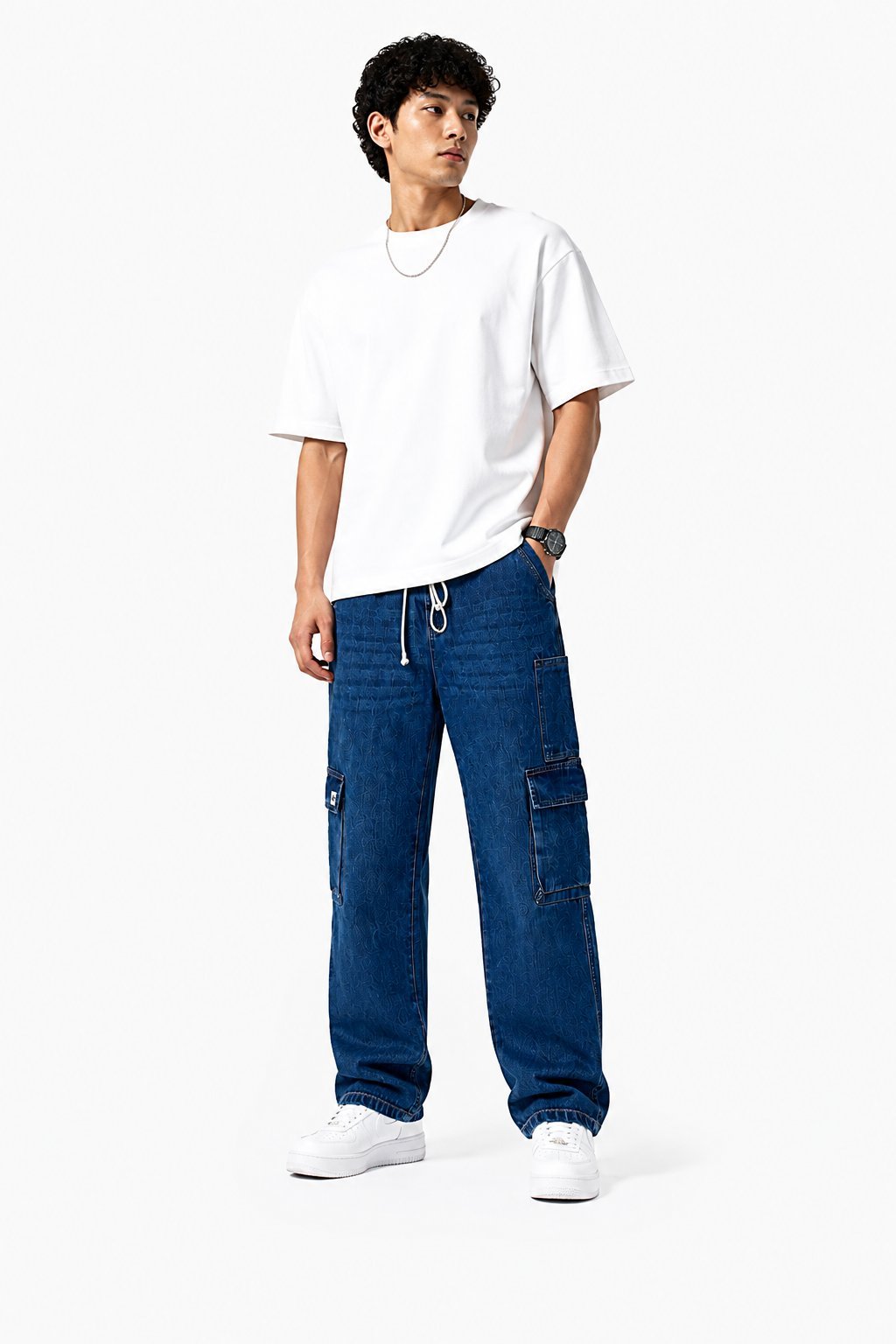 Men's Blue Denim Cargo Pants view 3