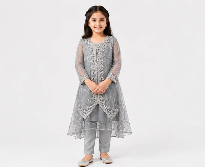 Girls Grey Embroidered Organza Suit