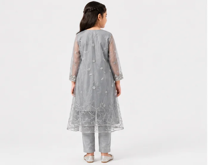 Girls Grey Embroidered Organza Suit view 2