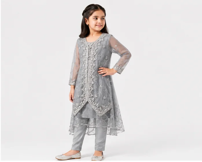 Girls Grey Embroidered Organza Suit view 3