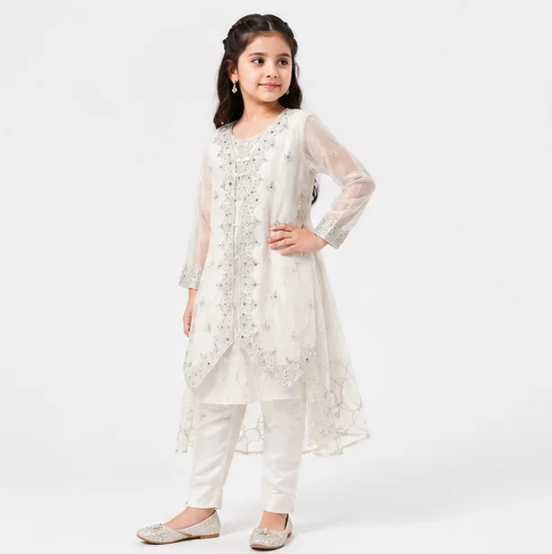Girls White Embroidered Organza Frock Suit view 2