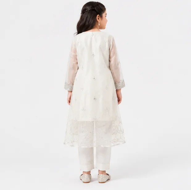 Girls White Embroidered Organza Frock Suit view 3