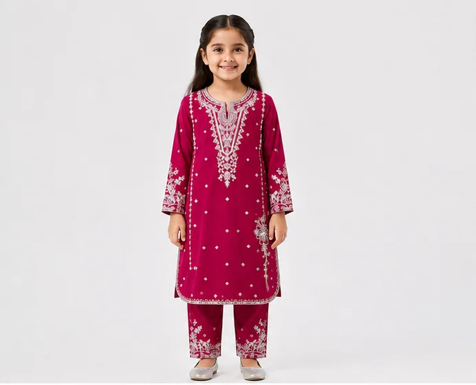 Girls Magenta Embroidered Cotton Suit