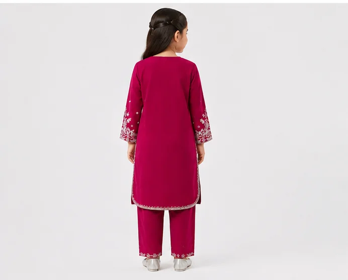 Girls Magenta Embroidered Cotton Suit view 2