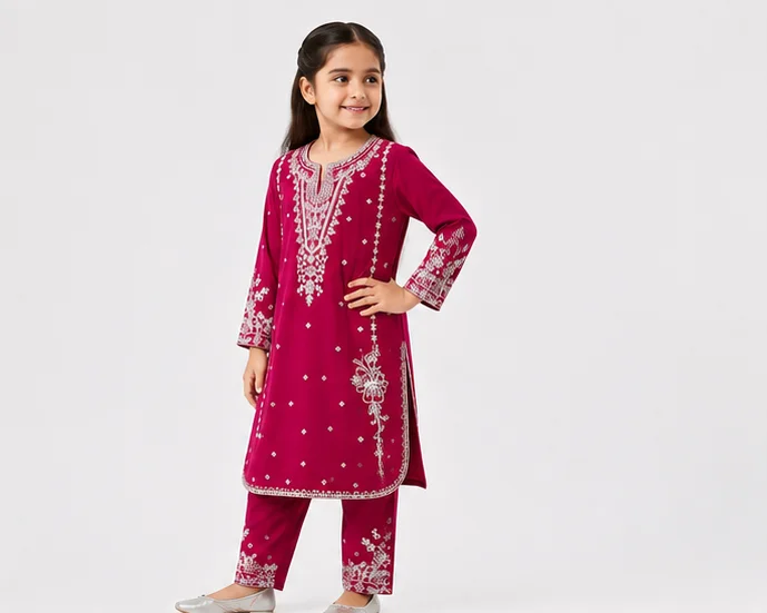 Girls Magenta Embroidered Cotton Suit view 3