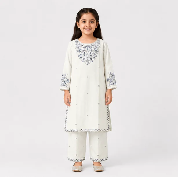 Girls Off-White Embroidered 2-Piece Suit