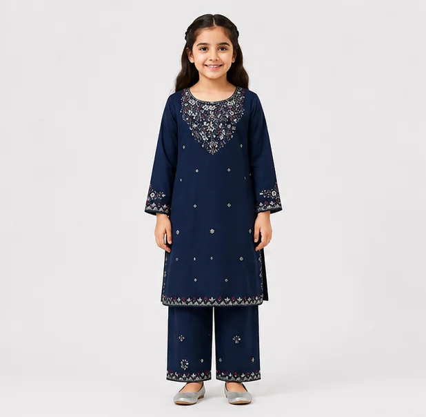 Girls Charcoal  Embroidered 2-Piece Suit