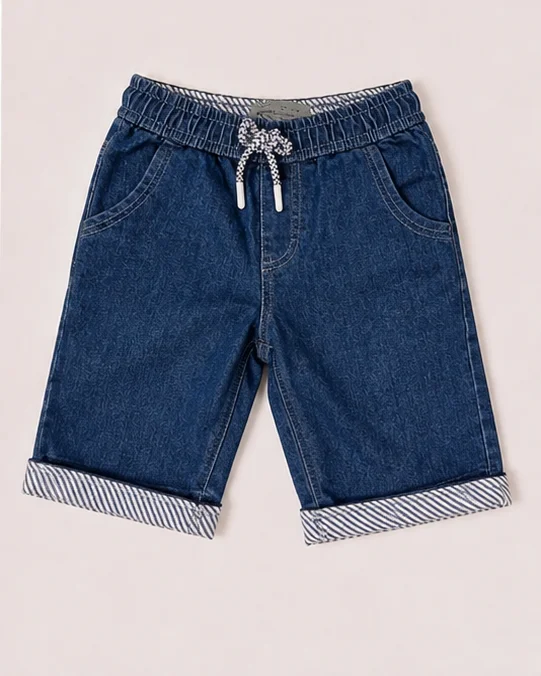 Kids' Dark Blue Denim Shorts with Striped Cuffs