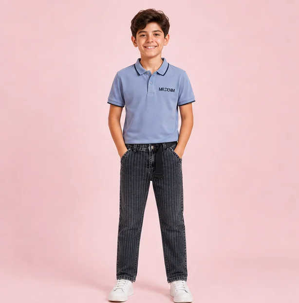 MR.DENIM Vintage Grey Striped Jeans with Belt — alternate view