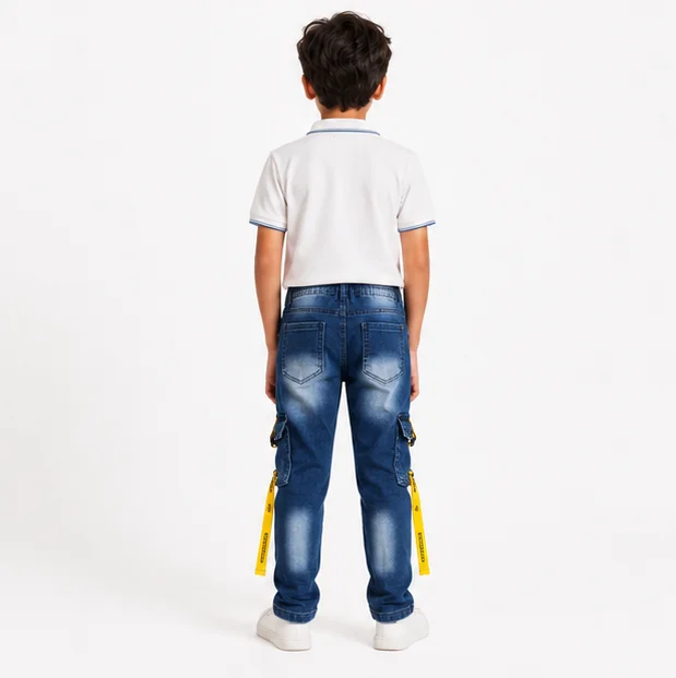 MR.DENIM Faded Blue Cargo Denim with Yellow Straps view 2