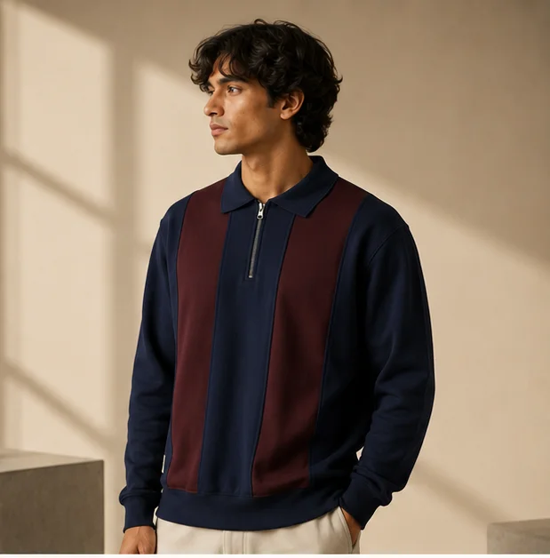 Premium Navy & Maroon Quarter-Zip Sweatshirt view 3
