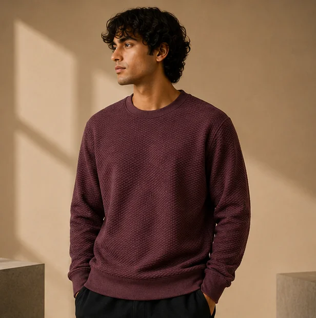 Premium Maroon Textured Crewneck Sweatshirt view 3